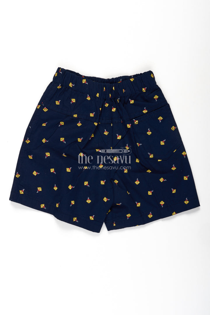 Boys Navy Blue best shorts in Cotton with Yellow Kite Print and Comfy Soft Fit Waistband