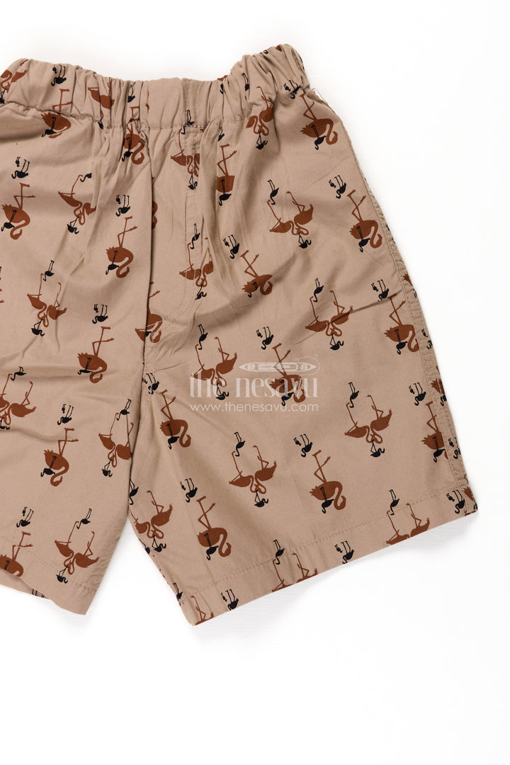 Boys Beige Cotton twill shorts with Flamingo Digital Print and Soft Elastic Waist for Summer Comfort