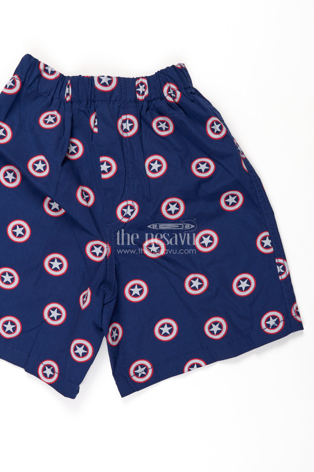 Boys Navy Cotton patterned shorts with Star Emblem Design and Soft Stretch Waistband