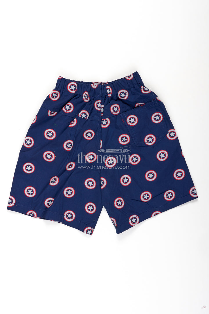 Boys Navy Cotton patterned shorts with Star Emblem Design and Soft Stretch Waistband