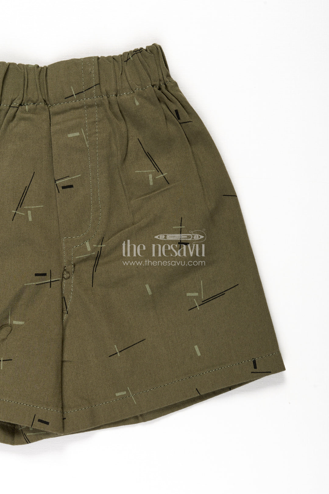 Boys Olive Green Cotton elasticized shorts with Abstract Line Print and Soft Waistband for All Day Ease