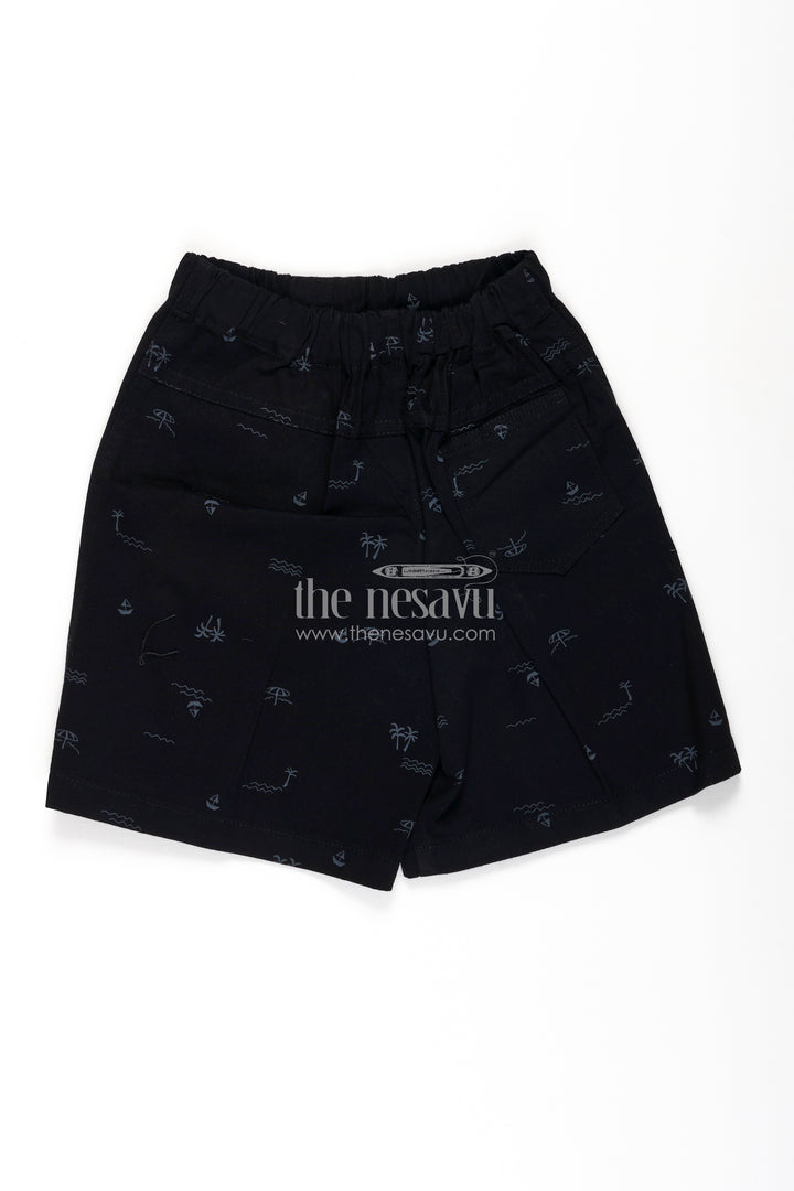 Boys Black Cotton little shorts with Beach Theme Digital Print and Soft Fit Elastic Waistband