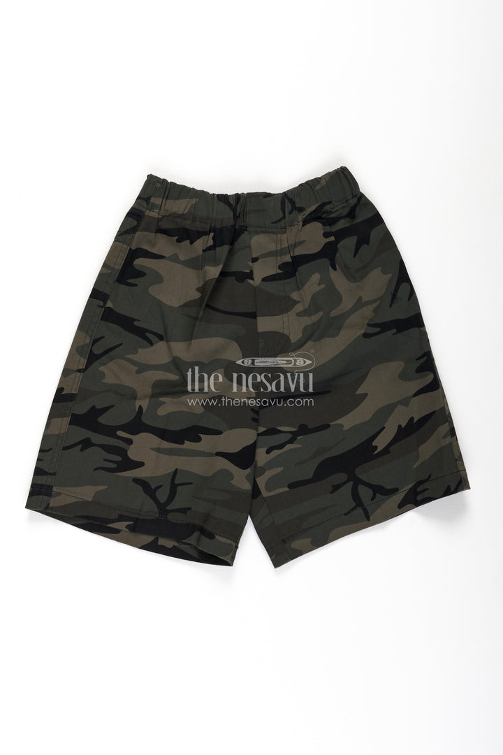 Boys Green Cotton army shorts with Camouflage Digital Print and Soft Waistband for Rugged Comfort