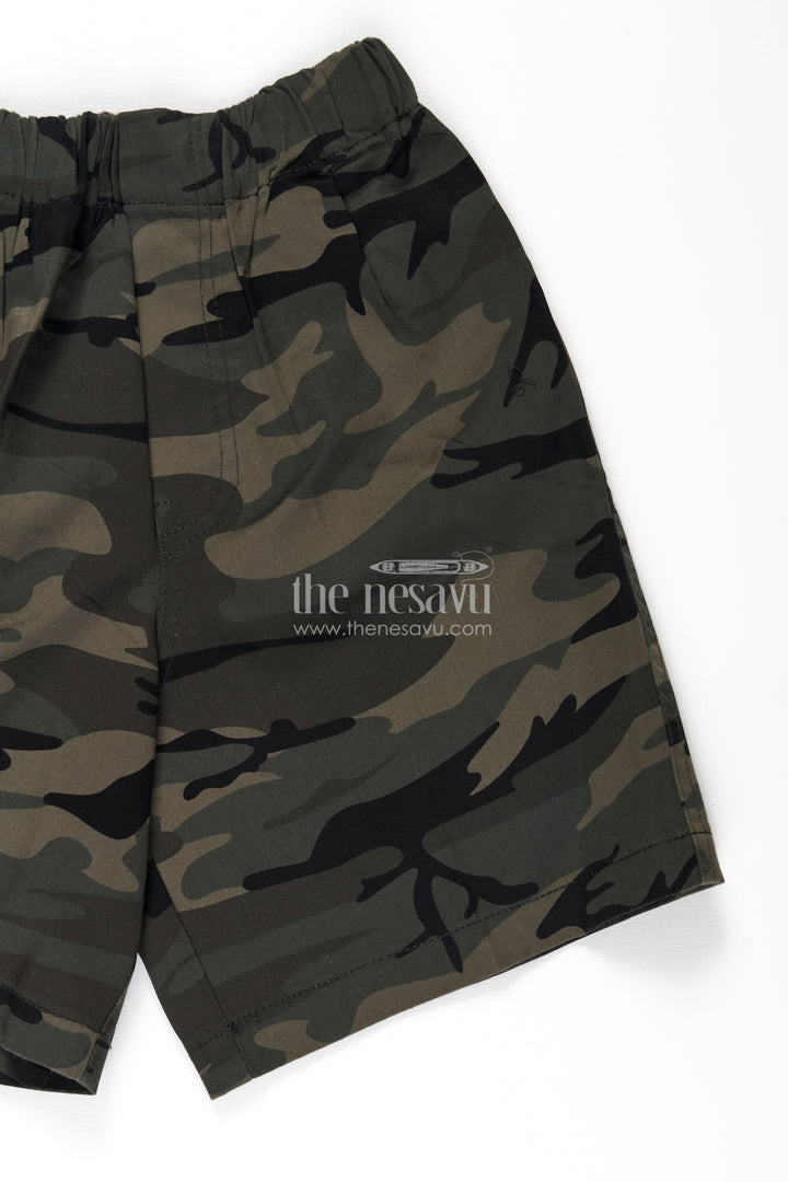 Boys Green Cotton army shorts with Camouflage Digital Print and Soft Waistband for Rugged Comfort