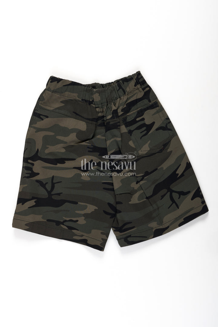 Boys Green Cotton army shorts with Camouflage Digital Print and Soft Waistband for Rugged Comfort
