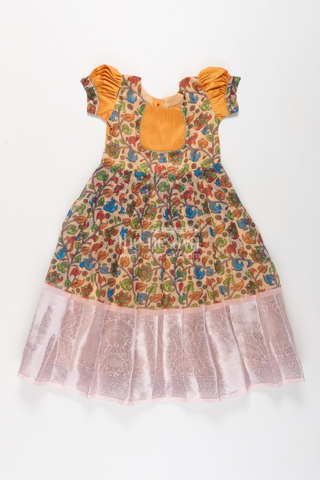 Girls Chanderi Cotton Yellow Long Gown with Raw Silk Yoke and Elegant Pink Border Pleated Skirt