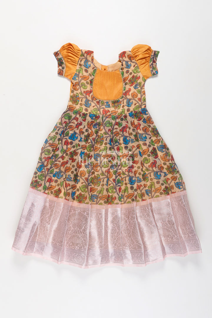 Girls Chanderi Cotton Yellow Long Gown with Raw Silk Yoke and Elegant Pink Border Pleated Skirt