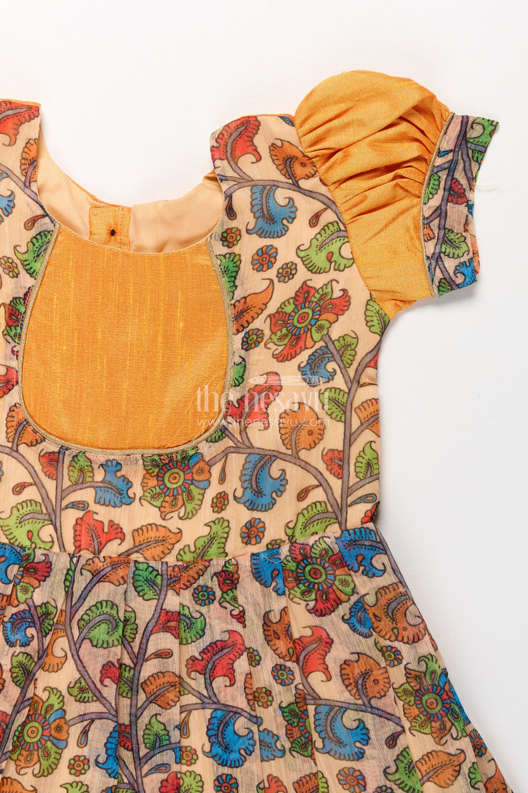 Girls Chanderi Cotton Yellow Long Gown with Raw Silk Yoke and Elegant Pink Border Pleated Skirt