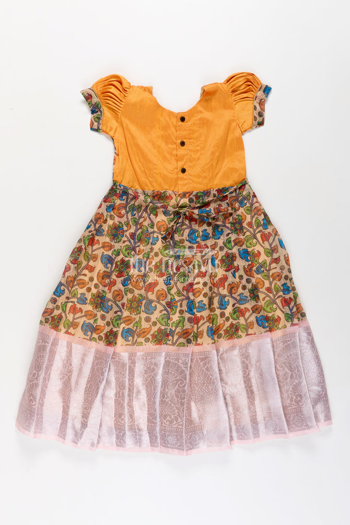 Girls Chanderi Cotton Yellow Long Gown with Raw Silk Yoke and Elegant Pink Border Pleated Skirt