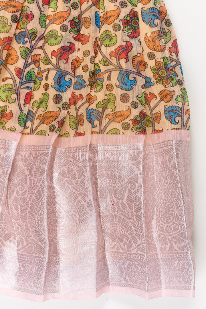 Girls Chanderi Cotton Yellow Long Gown with Raw Silk Yoke and Elegant Pink Border Pleated Skirt