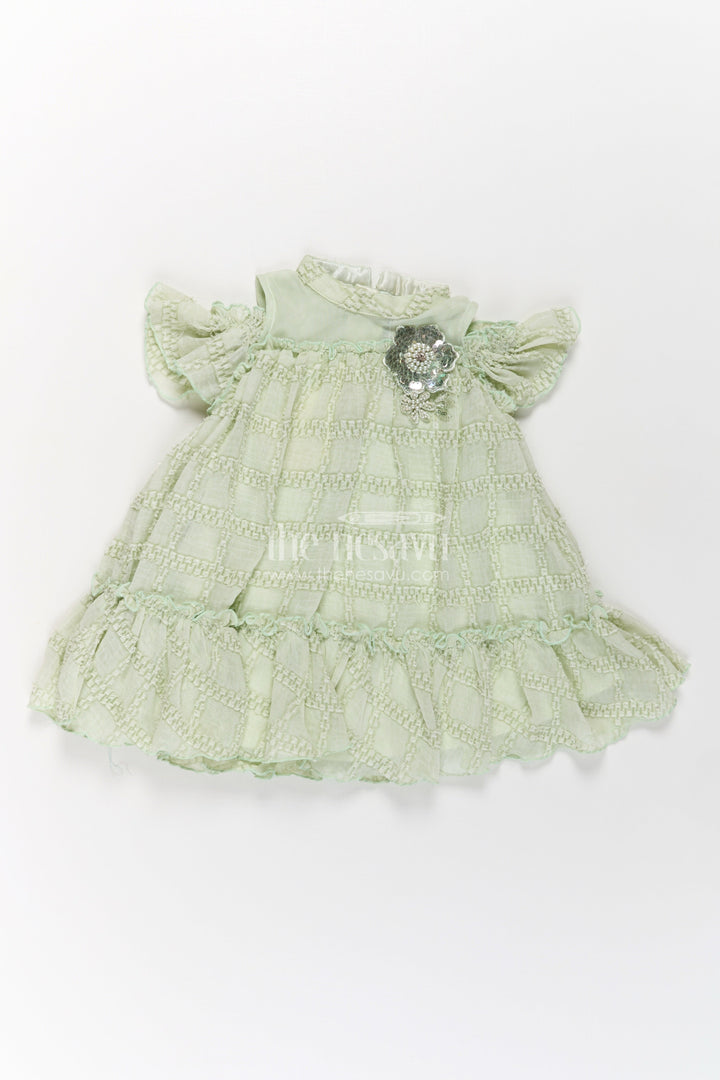 Organza Dress Frock for Girls in Light Green with Ruffle Hem and Floral Brooch Detail