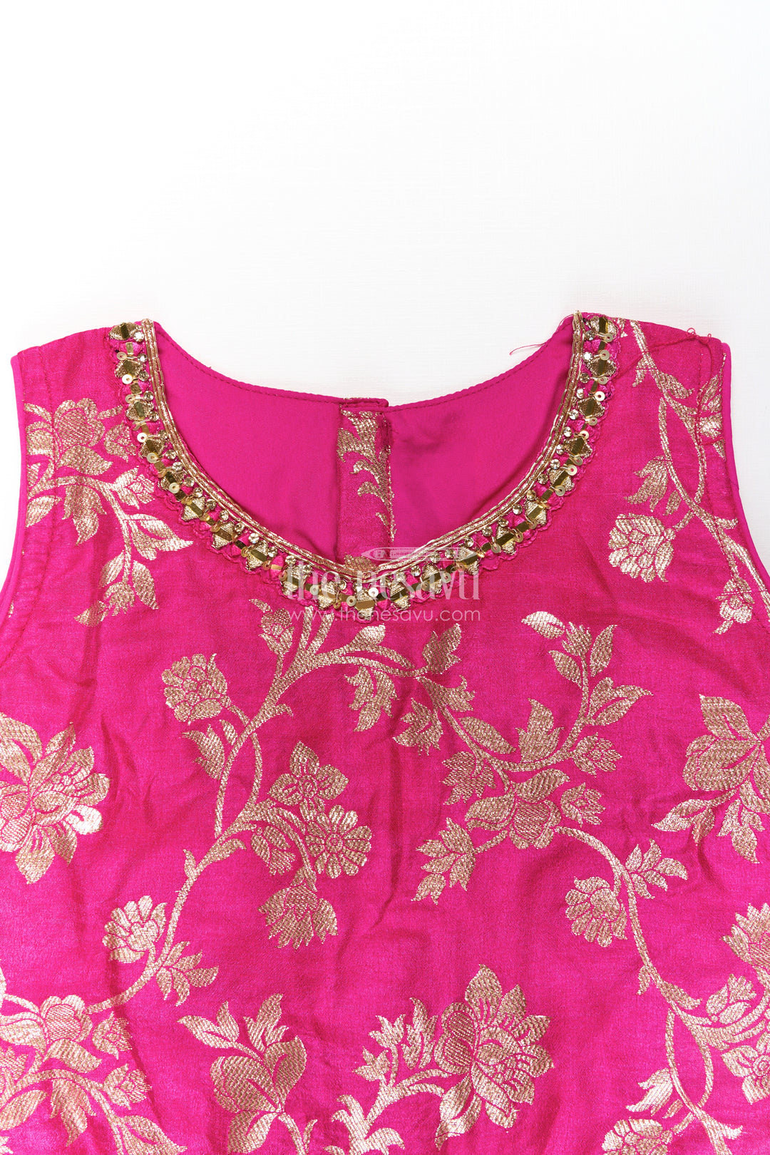 Girls Semi Banaras Lehenga Dress Pink with Floral Jaal Weaving and Bead Trimmed Choli