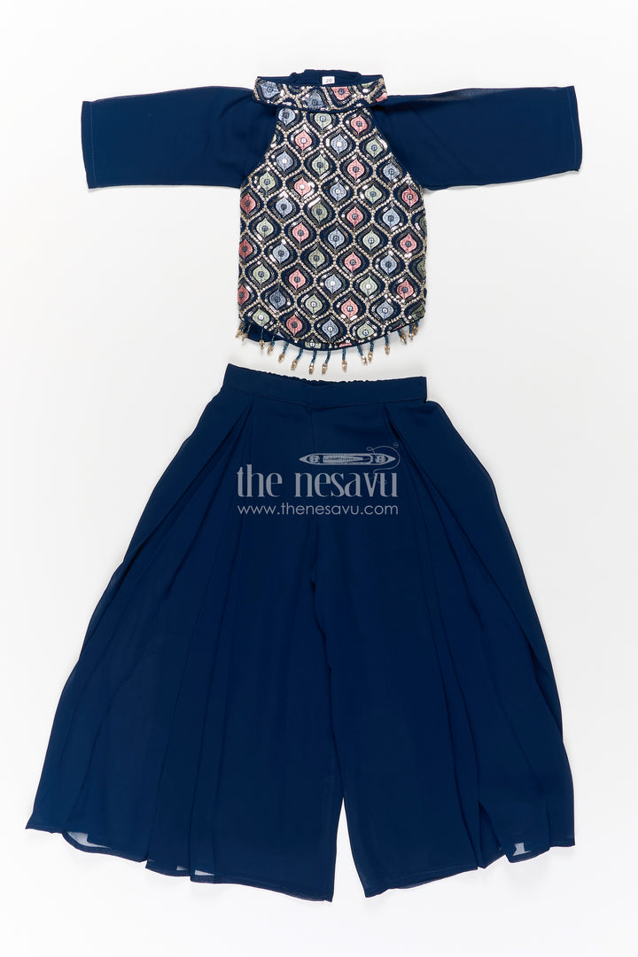 Girls Navy Blue Sharara Set with Embroidered Yoke and Flared Plazo in Navy Blue Sharara Style