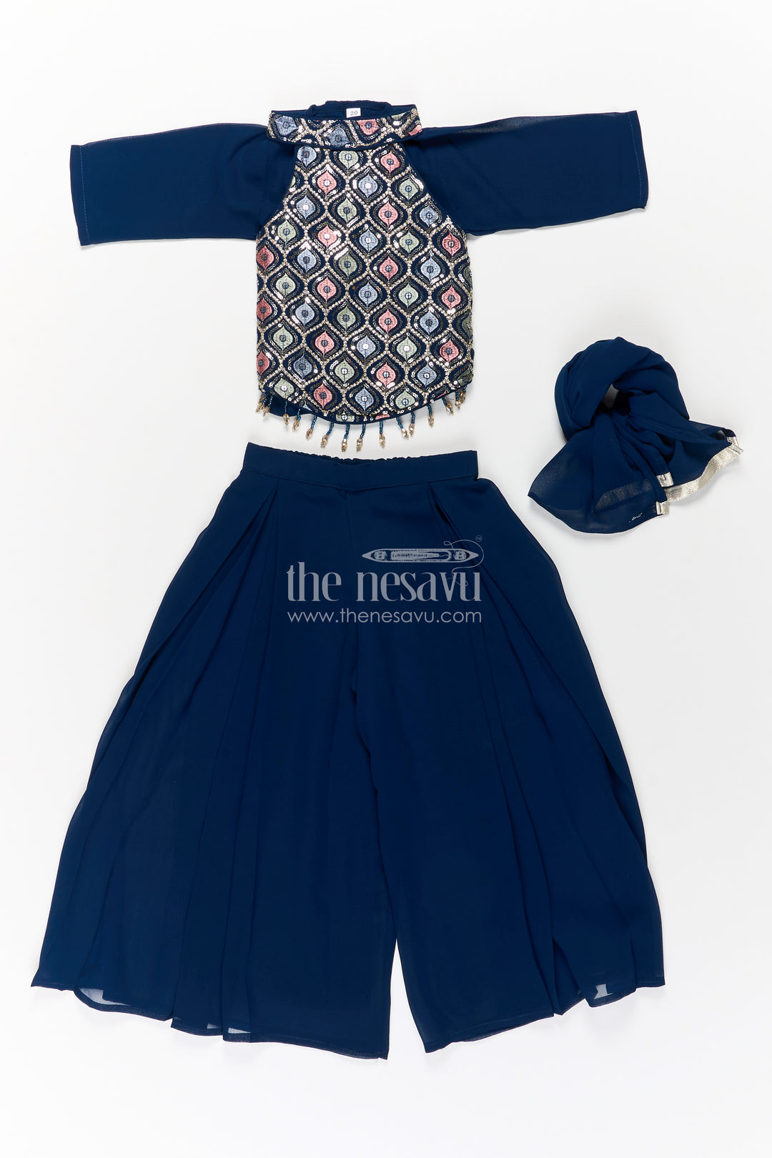 Girls Navy Blue Sharara Set with Embroidered Yoke and Flared Plazo in Navy Blue Sharara Style
