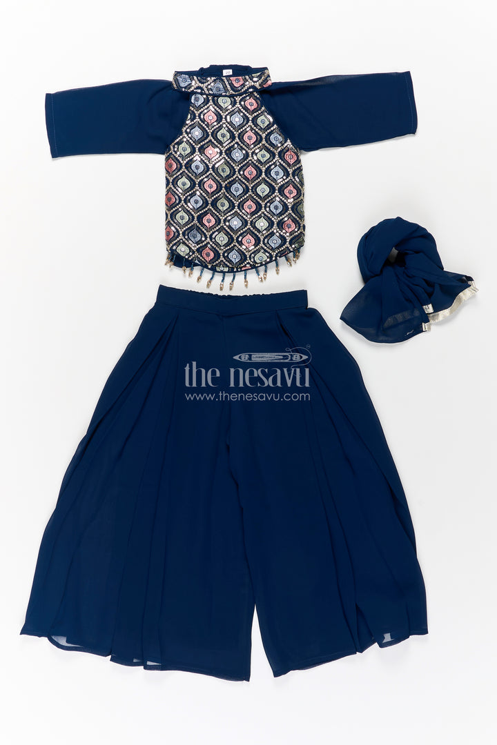 Girls Navy Blue Sharara Set with Embroidered Yoke and Flared Plazo in Navy Blue Sharara Style
