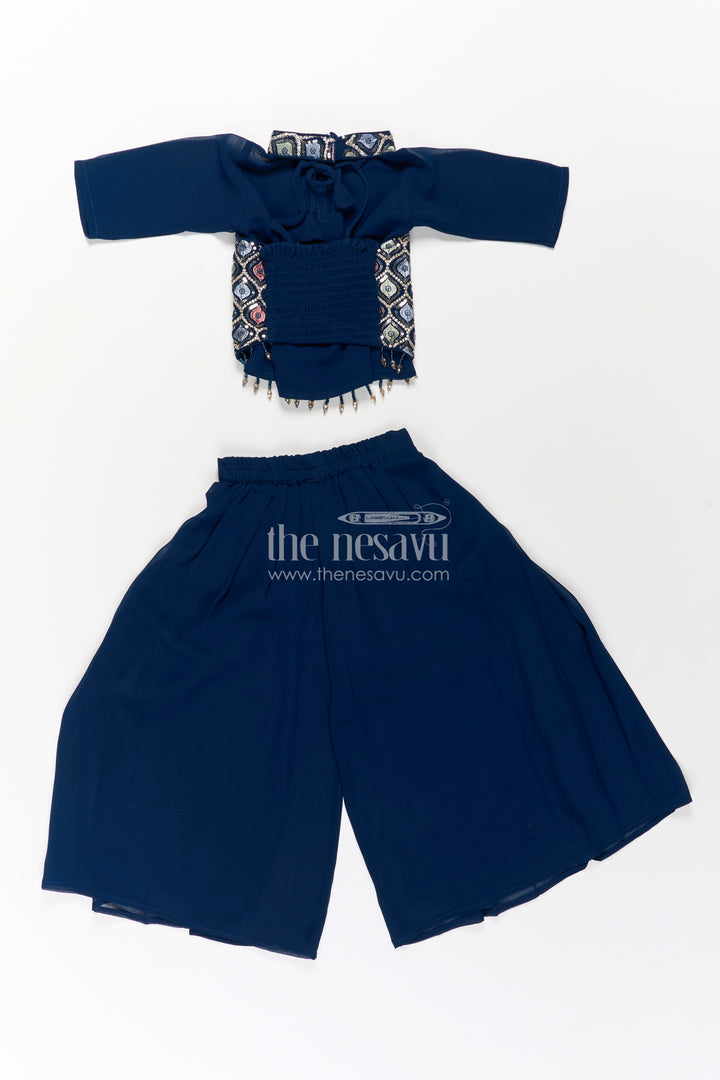 Girls Navy Blue Sharara Set with Embroidered Yoke and Flared Plazo in Navy Blue Sharara Style