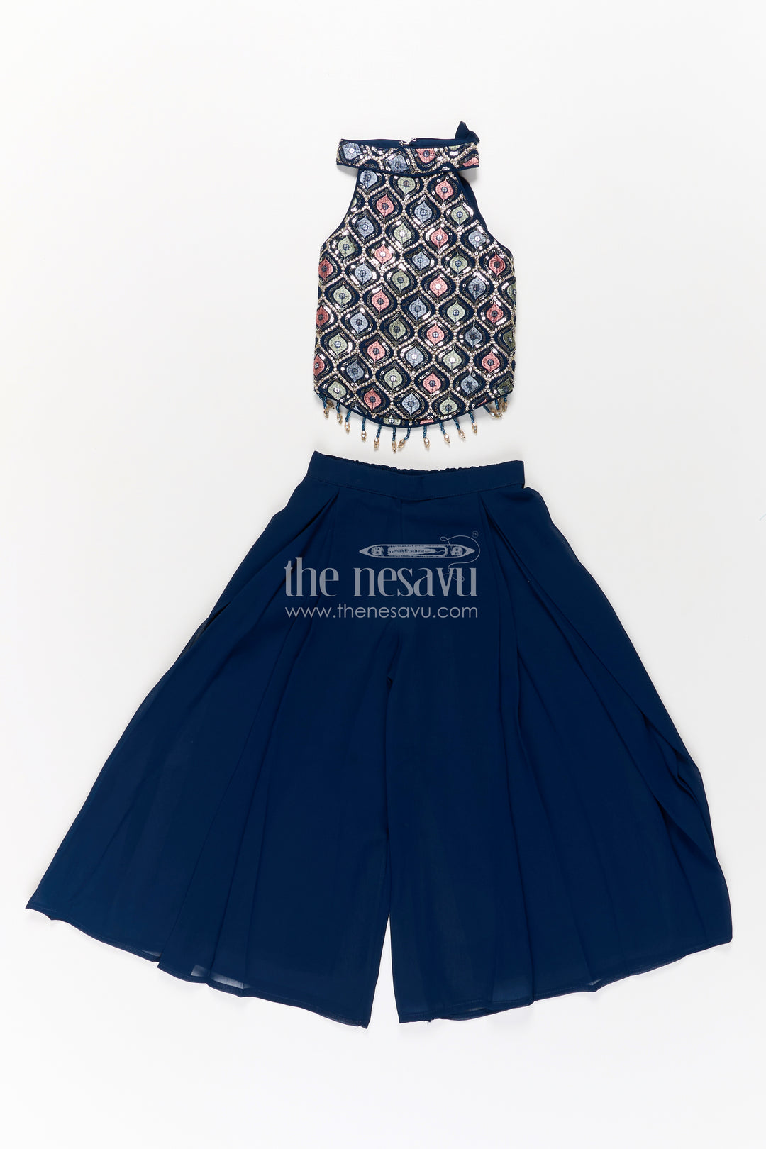 Girls Navy Blue Sharara Set with Embroidered Yoke and Flared Plazo in Navy Blue Sharara Style