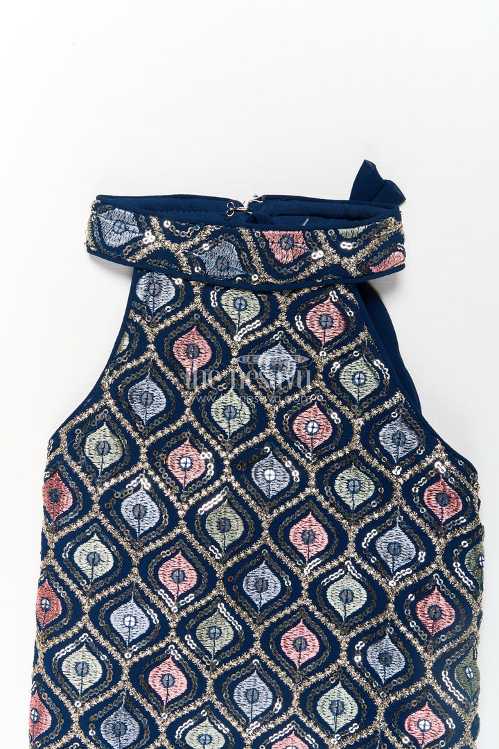Girls Navy Blue Sharara Set with Embroidered Yoke and Flared Plazo in Navy Blue Sharara Style