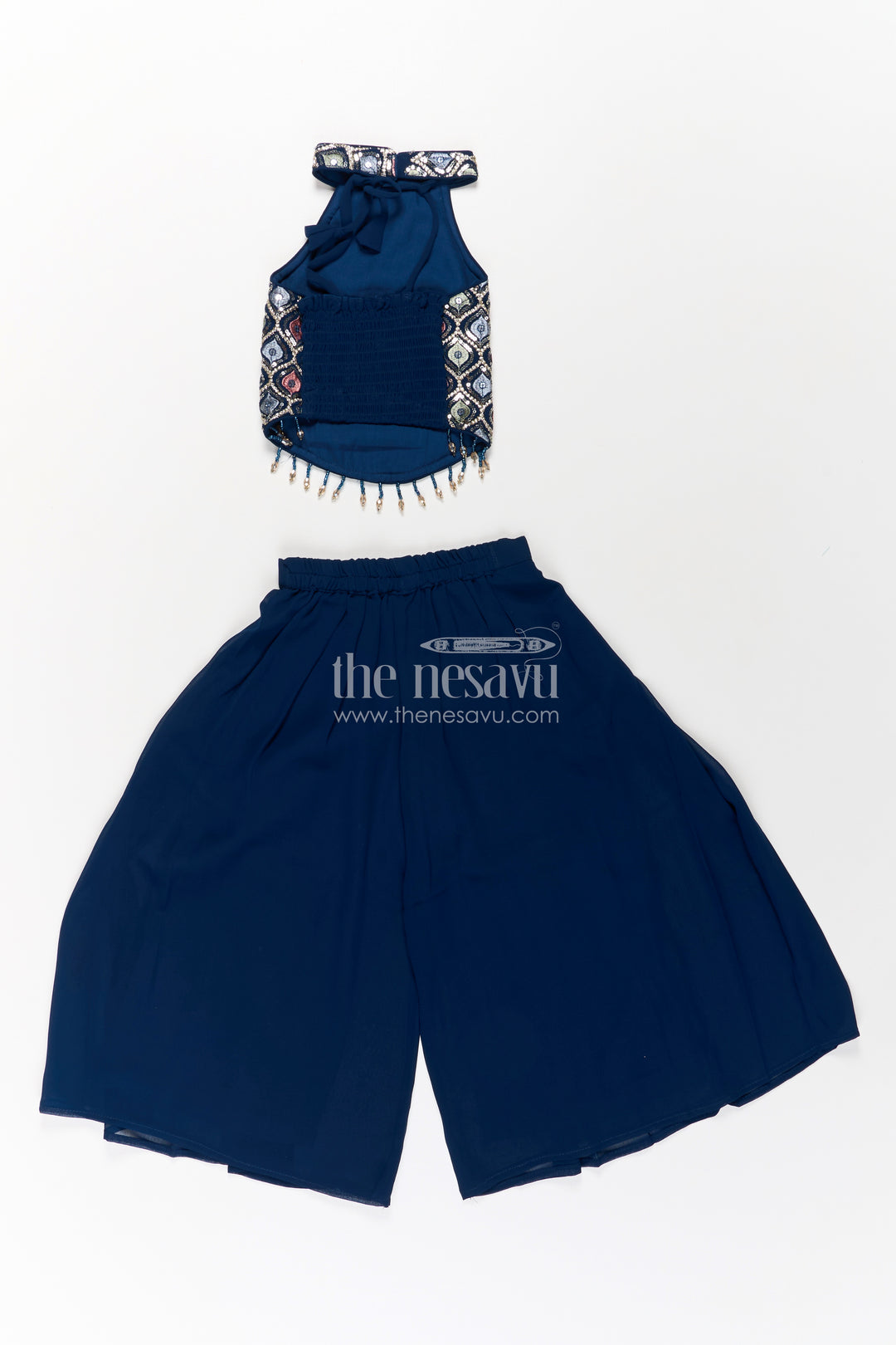 Girls Navy Blue Sharara Set with Embroidered Yoke and Flared Plazo in Navy Blue Sharara Style