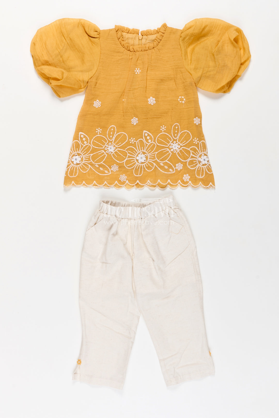 Suits and Co Ords for Girls in Mustard Cotton with White Pants and Floral Cutwork Embroidery