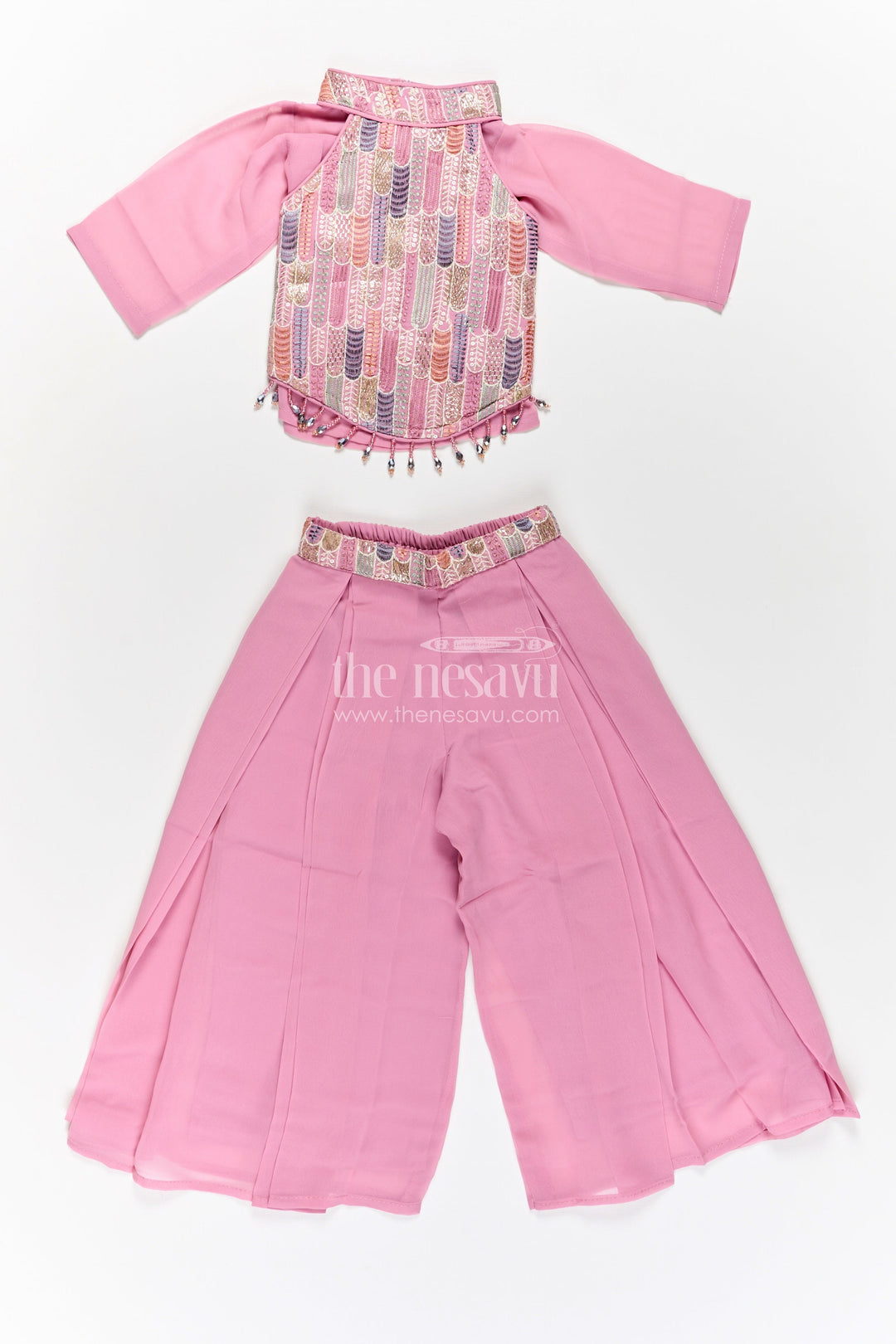 Girls Georgette Sharara Suit in Mauve with Embroidered Yoke and Palazzo Pants Set
