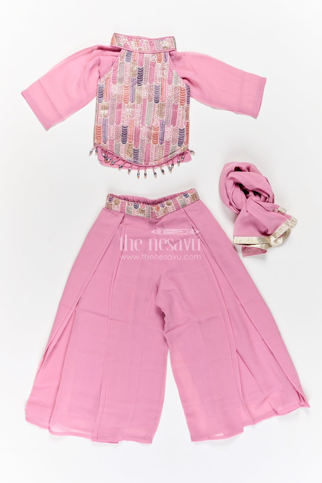 Girls Georgette Sharara Suit in Mauve with Embroidered Yoke and Palazzo Pants Set