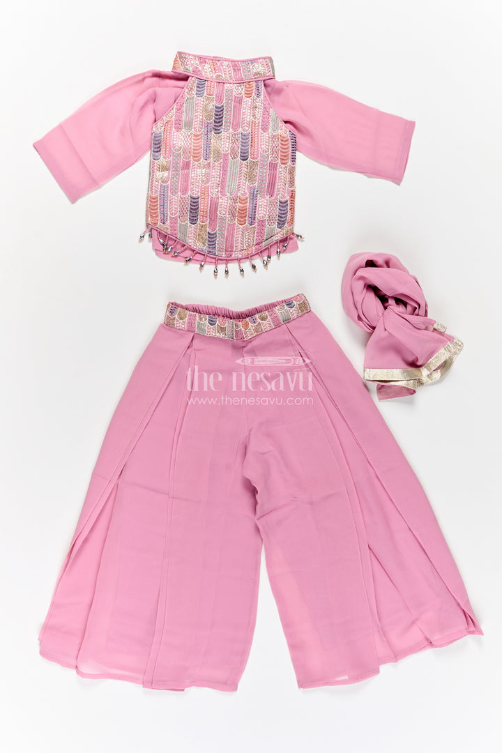 Girls Georgette Sharara Suit in Mauve with Embroidered Yoke and Palazzo Pants Set