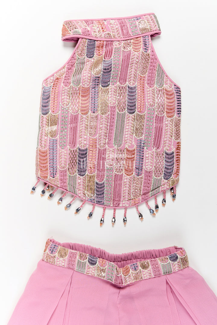 Girls Georgette Sharara Suit in Mauve with Embroidered Yoke and Palazzo Pants Set