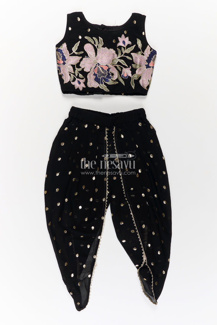 Girls Georgette Dhoti Plazo Design with Black Embroidered Yoke Top and Mirror Work Dupatta