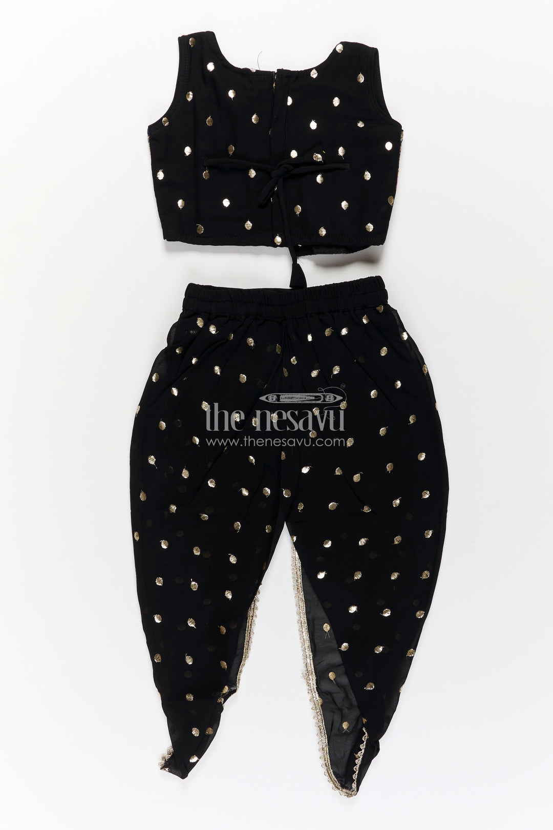 Girls Georgette Dhoti Plazo Design with Black Embroidered Yoke Top and Mirror Work Dupatta