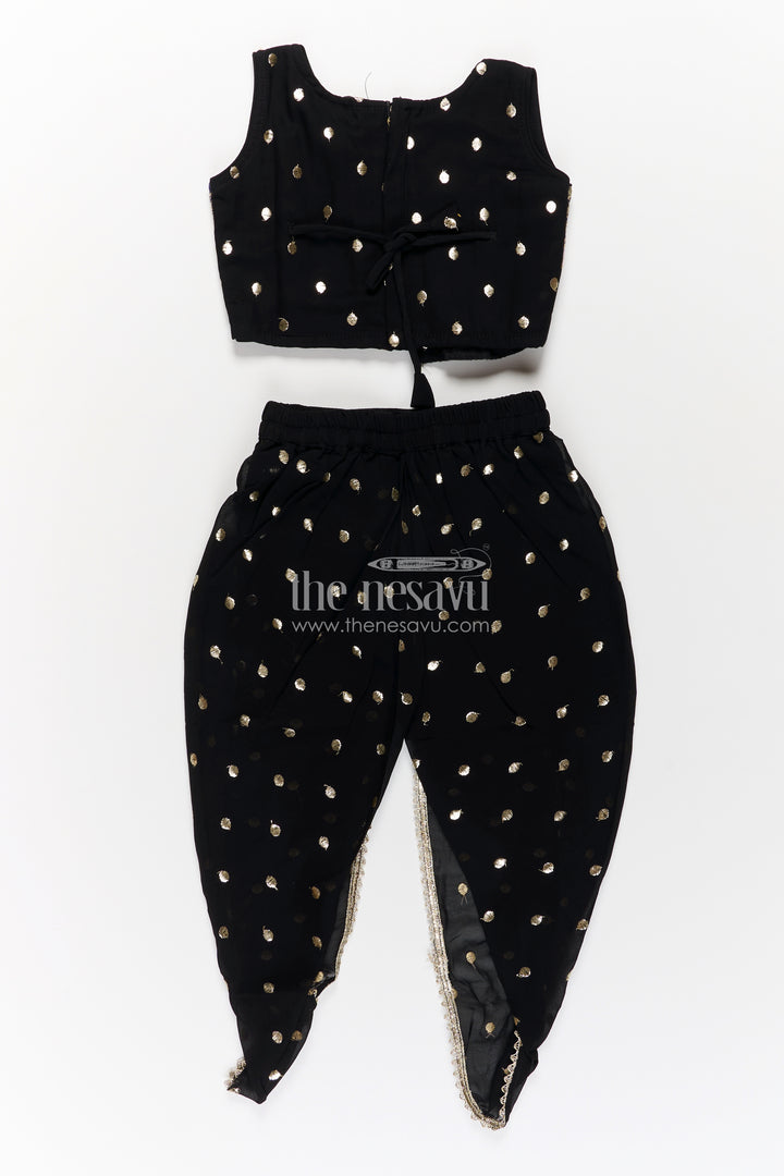 Girls Georgette Dhoti Plazo Design with Black Embroidered Yoke Top and Mirror Work Dupatta