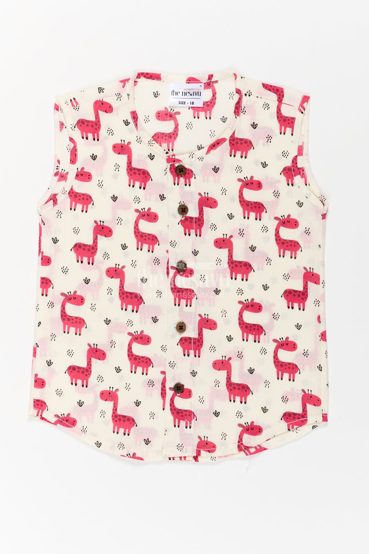 Baby Boys White Cotton Jabla with Pink Giraffe Print and Wooden Buttons in cotton jhabla for newborn Style