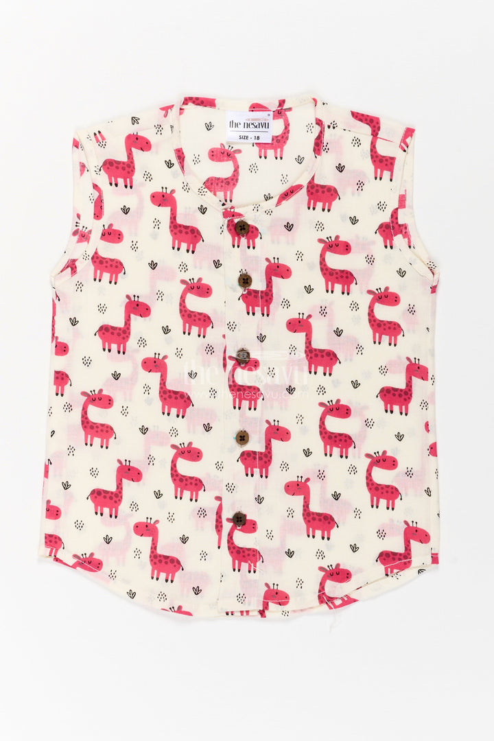 Baby Boys White Cotton Jabla with Pink Giraffe Print and Wooden Buttons in cotton jhabla for newborn Style