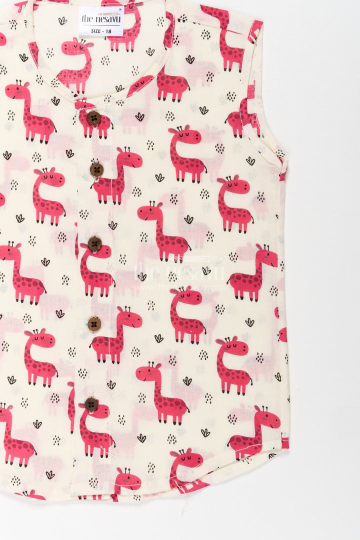 Baby Boys White Cotton Jabla with Pink Giraffe Print and Wooden Buttons in cotton jhabla for newborn Style