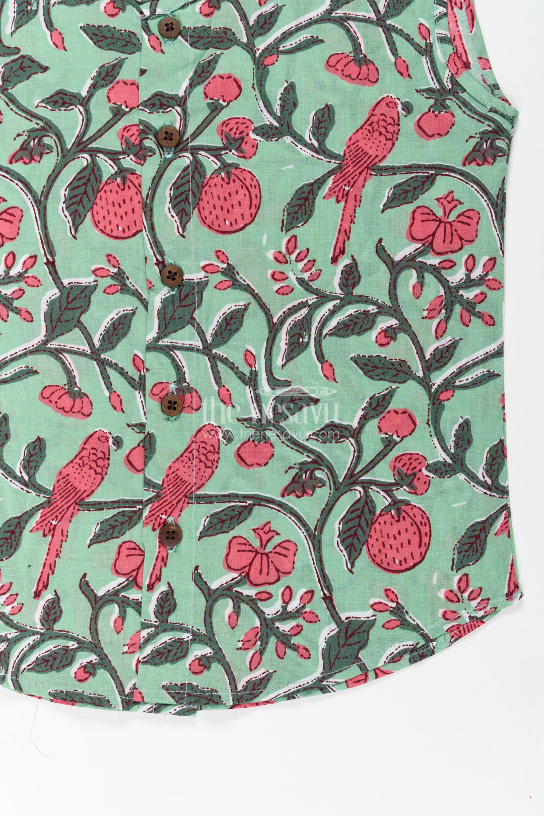 Jabla Newborn Sleeveless Green Baby Shirt with Pink Bird and Floral Digital Prints