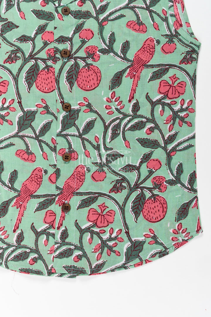 Jabla Newborn Sleeveless Green Baby Shirt with Pink Bird and Floral Digital Prints
