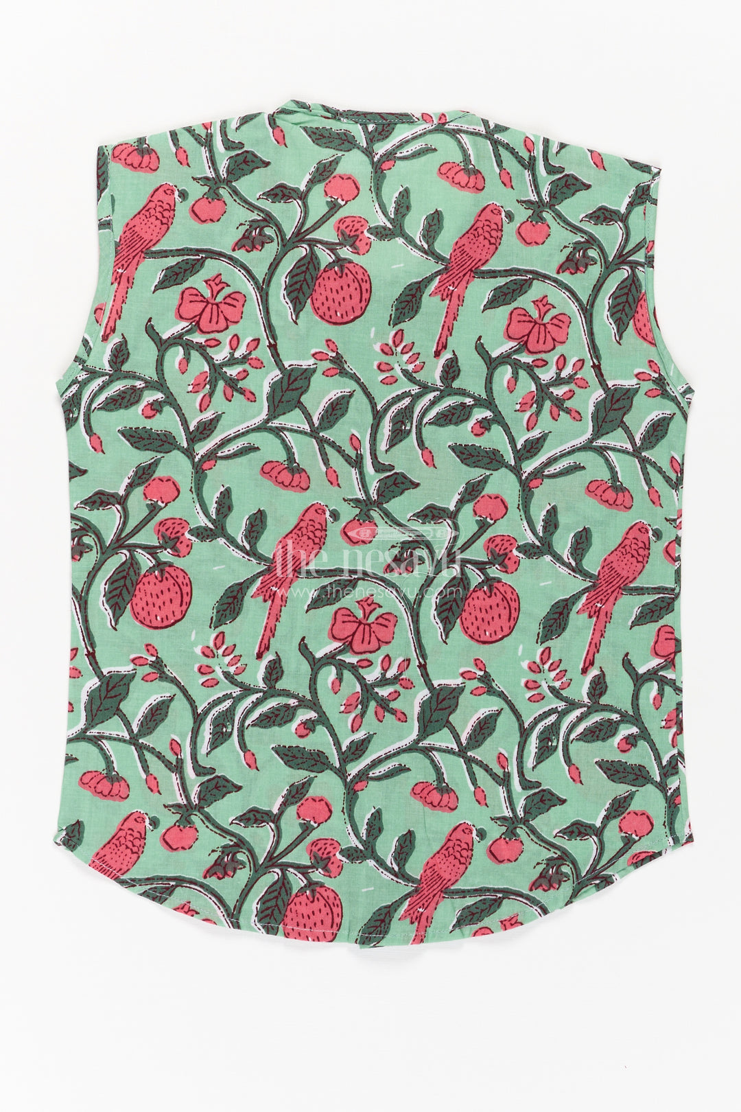 Jabla Newborn Sleeveless Green Baby Shirt with Pink Bird and Floral Digital Prints