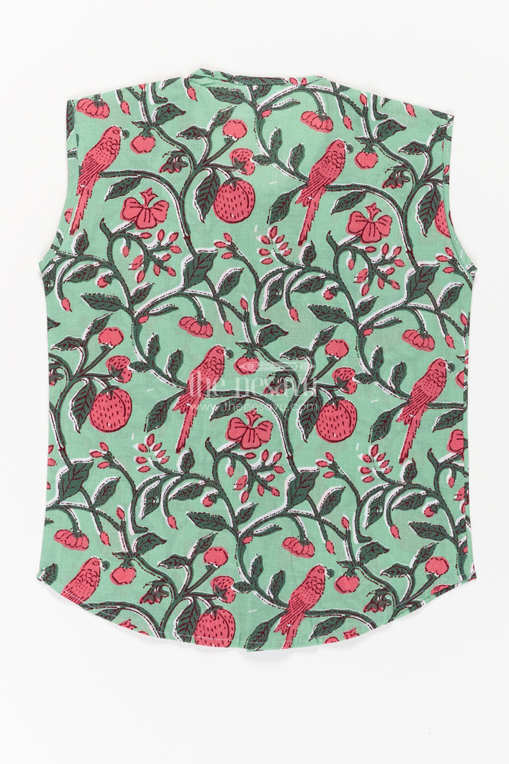 Jabla Newborn Sleeveless Green Baby Shirt with Pink Bird and Floral Digital Prints