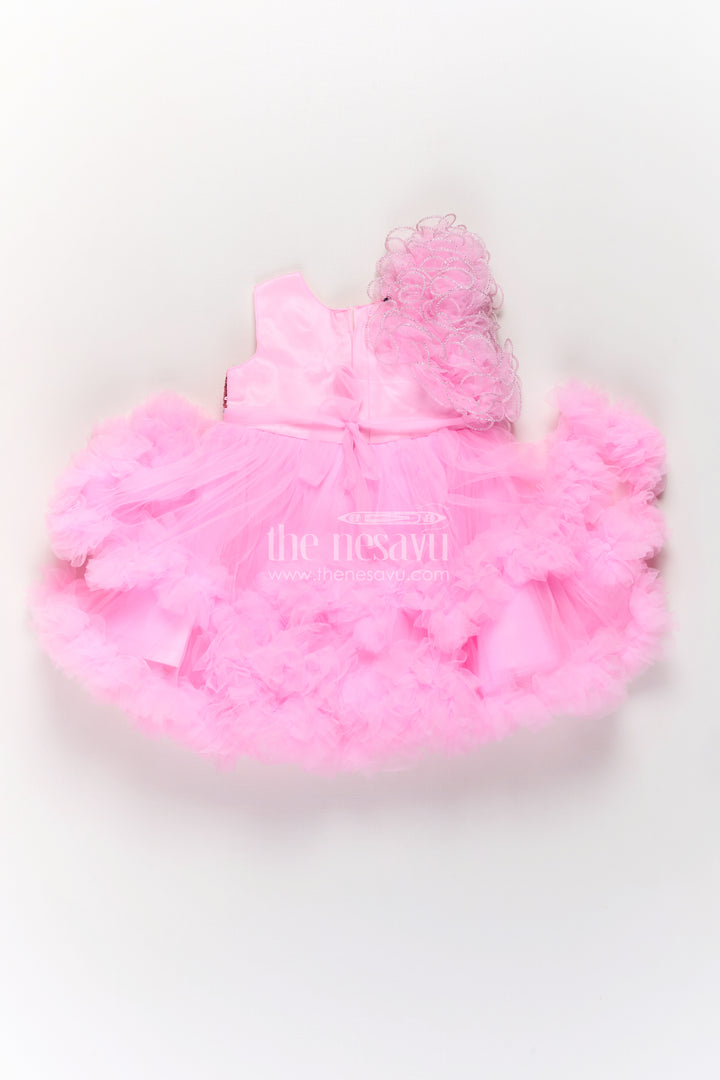 Pink Birthday Dress for Girls in Net with Ruffle Layers and Sequinned Yoke and Bow