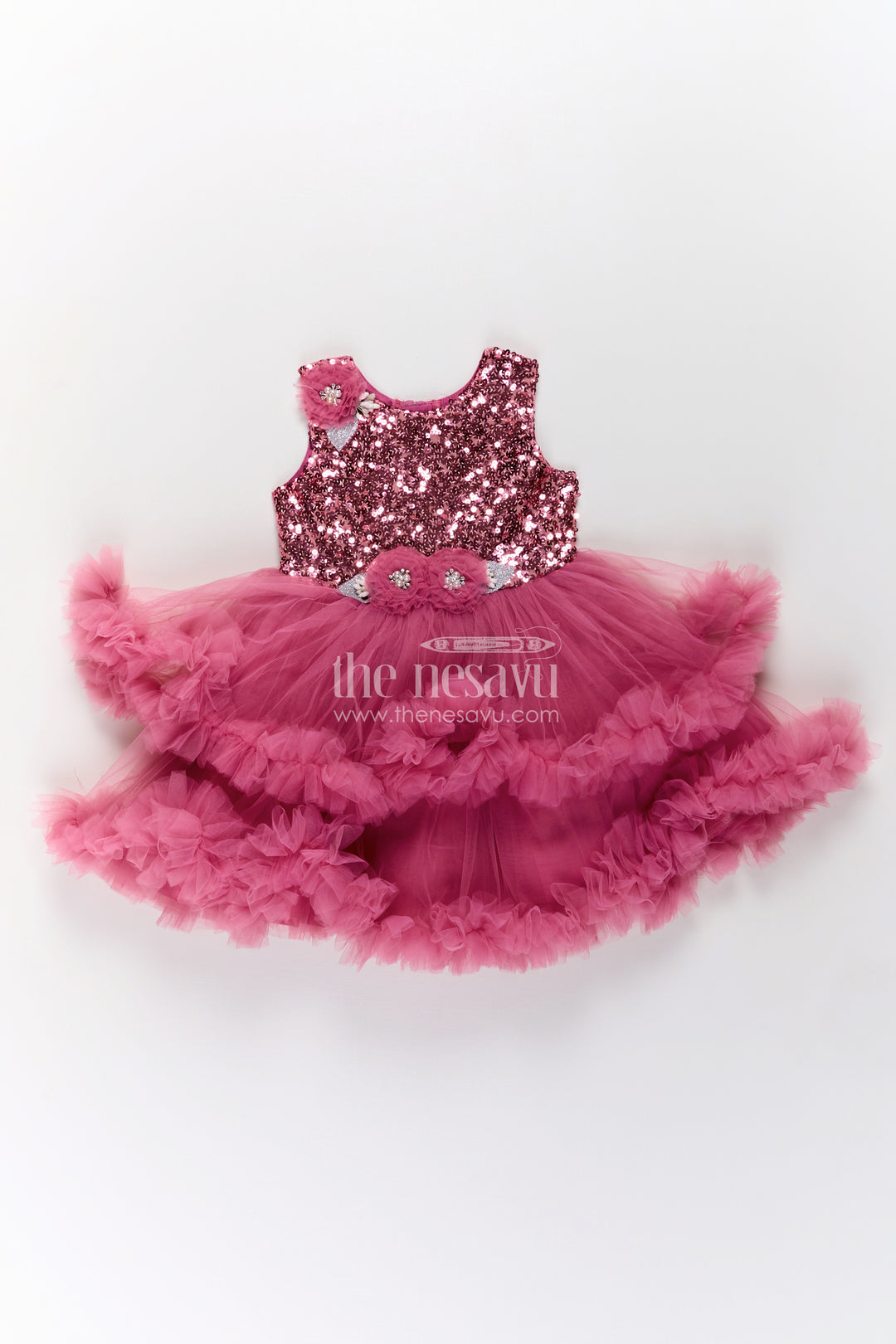 Pink Party Wear Dress for Girls in Net with Sequin Bodice and Frill Layered Skirt