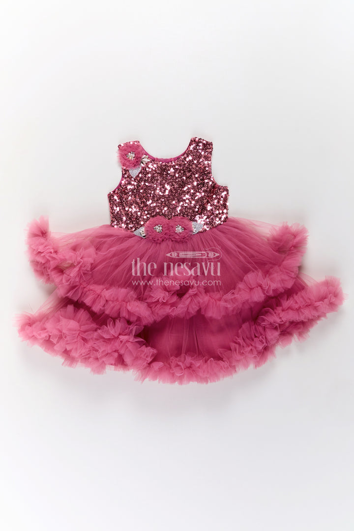 Pink Party Wear Dress for Girls in Net with Sequin Bodice and Frill Layered Skirt