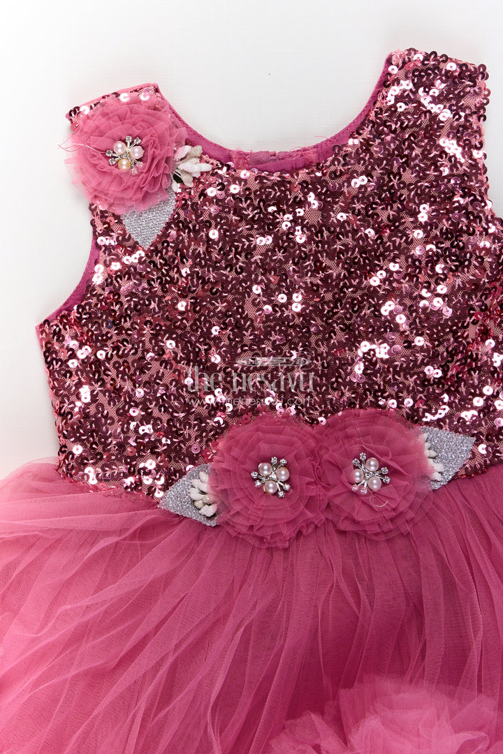 Pink Party Wear Dress for Girls in Net with Sequin Bodice and Frill Layered Skirt