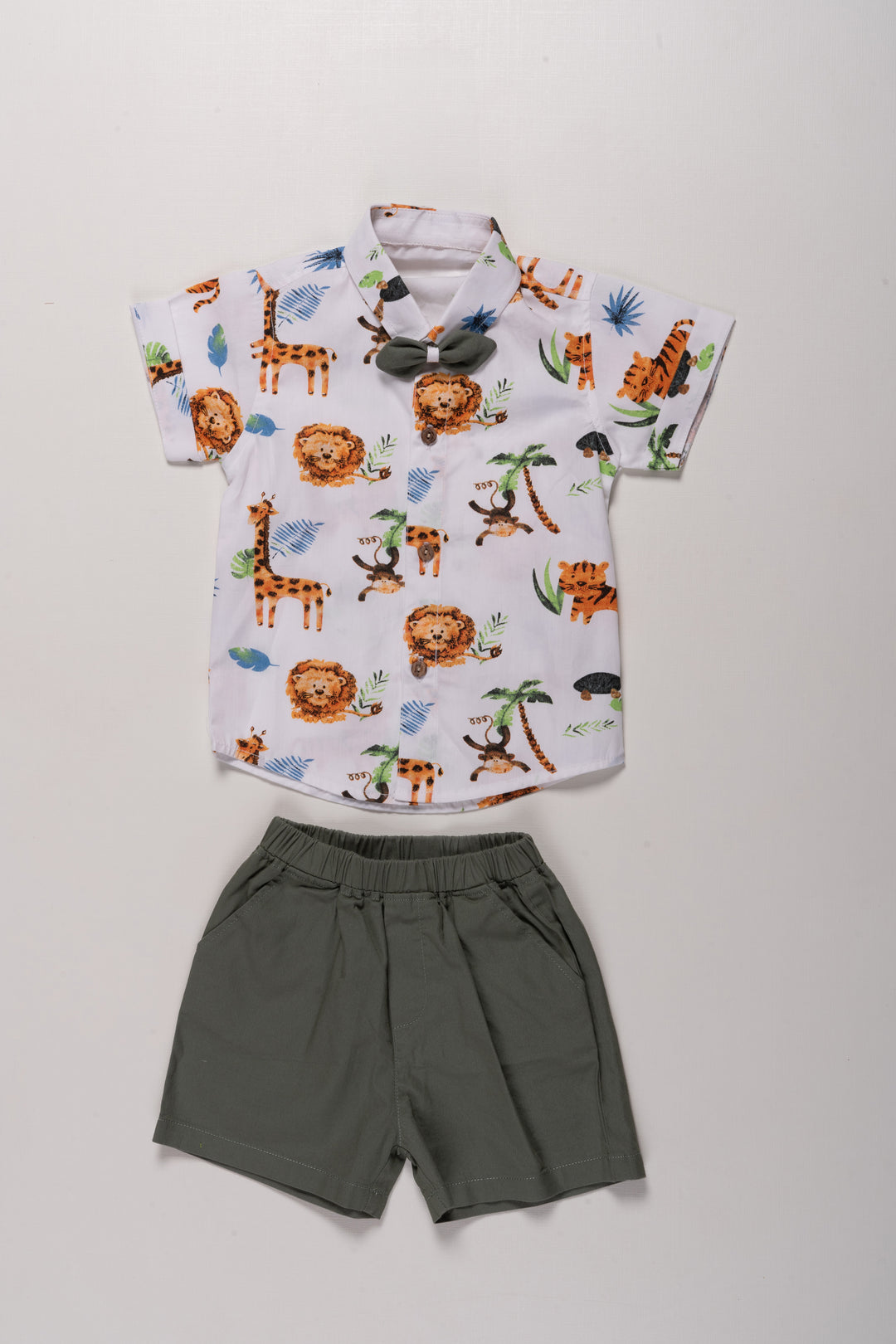 Boys Cotton Set with Jungle Theme and Print Design On Shirt Featuring Animal Motifs and Green Shorts