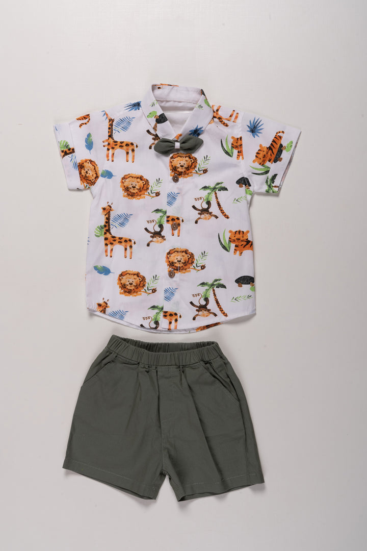 Boys Cotton Set with Jungle Theme and Print Design On Shirt Featuring Animal Motifs and Green Shorts