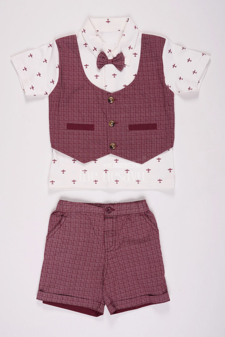 Magenta Boys Waistcoat Set with Checked Shorts