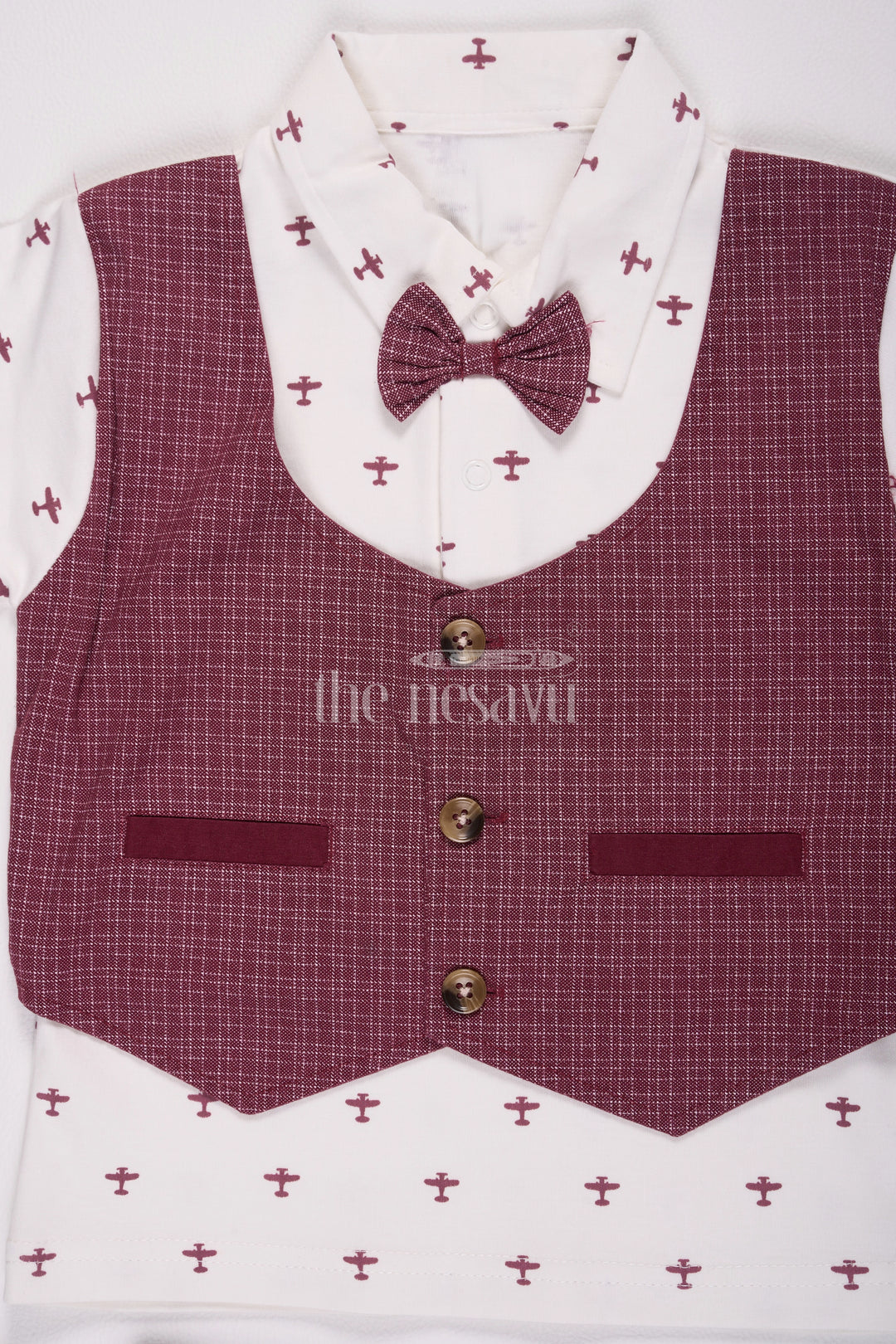 Magenta Boys Waistcoat Set with Checked Shorts