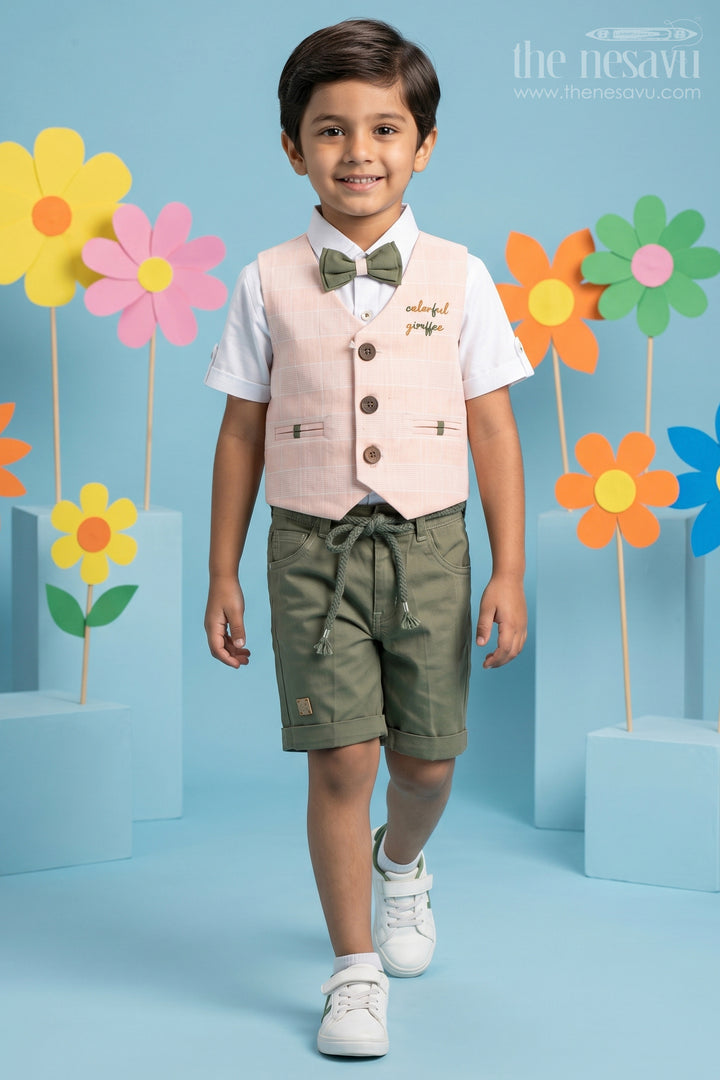 Boys Casual Set with Peach Vest, Green Shorts, and Giraffe Embroidery for Semi-Formal Events