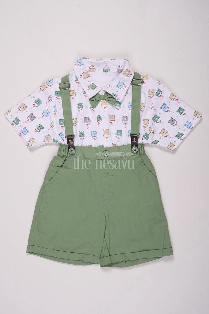 Green Cotton Boys Suspender Set with Cartoon Print Shirt