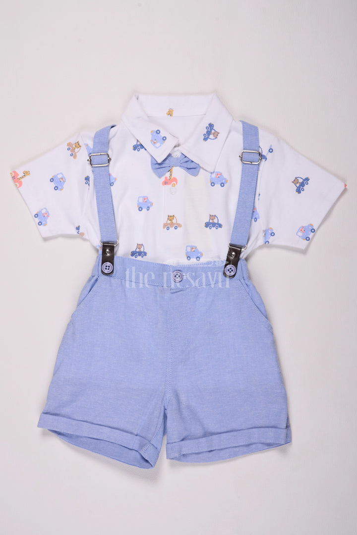 Blue Cotton Boys Suspender Suit Set with Cap