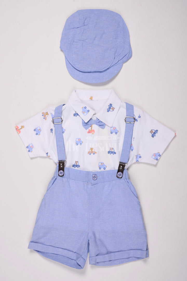 Blue Cotton Boys Suspender Suit Set with Cap